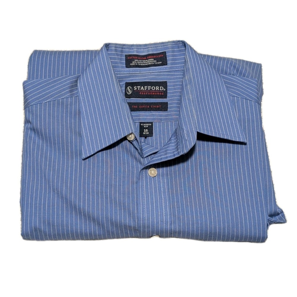 Mens Stafford Performance Long‎ Sleeve Blue Striped Button Classic Fit 15 32-33